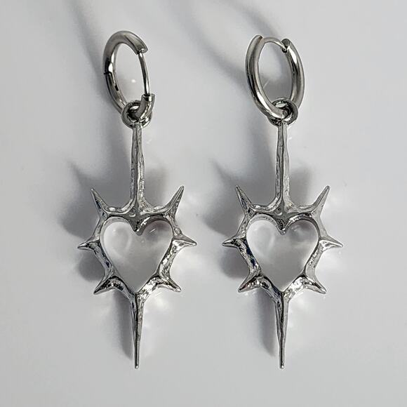Silver Spike Goth Heart Earrings - Picture 3 of 6